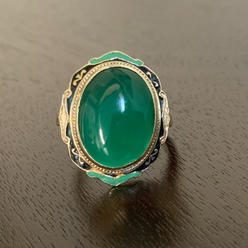 Vintage 14k Jadeite and Enamel Cabachon Ring